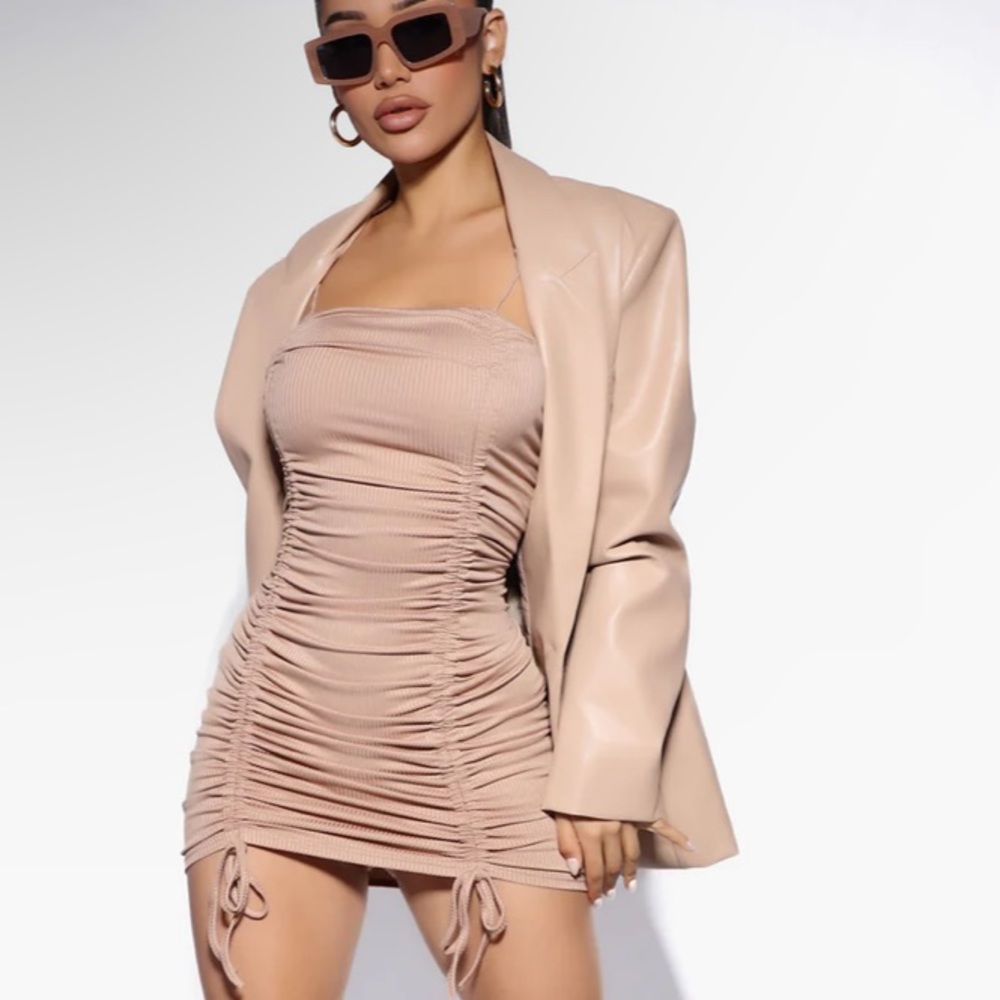 New Fashion Nova Taupe Ribbed Square Neck Ruched Bodycon Boho Dress 2X